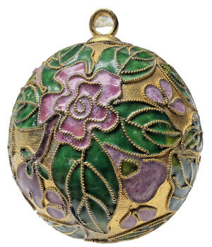 Vintage Cloisonné Enamel Metal Round Bulb Ornament Gold Floral Butterfly As Is